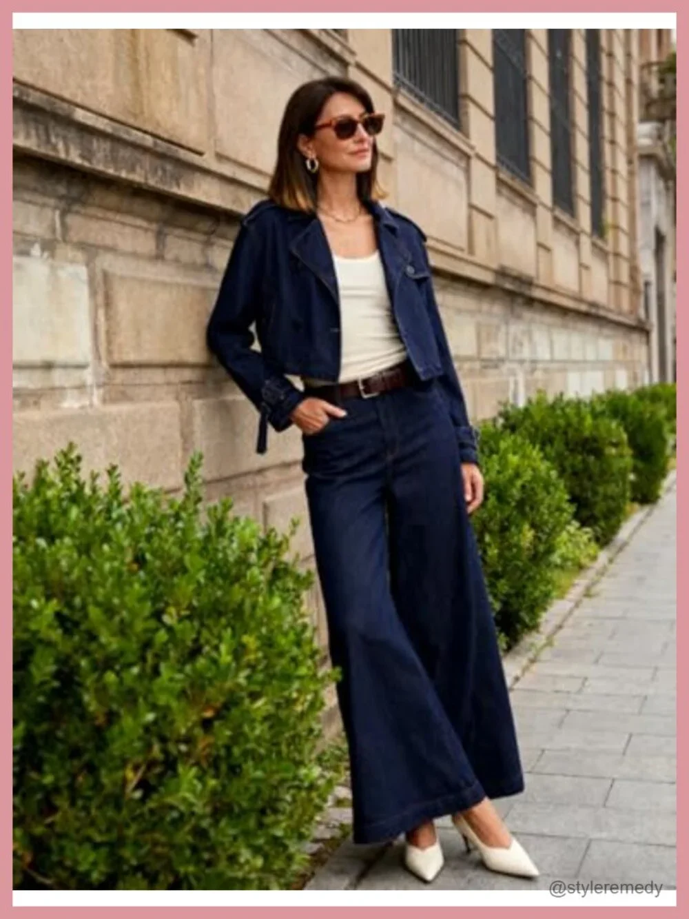 Cropped Denim Trench Coat Notch Collar Double Breasted with Pockets